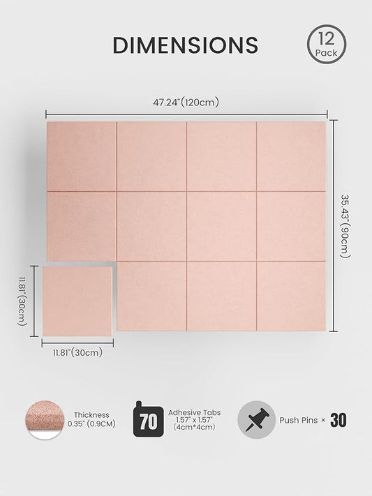 Bumusty Large Cork Board 47"x35" Alternative - 12 Pack Felt Wall Tiles with 70 Safe Removable Adhesive Tabs, 30 Pushpins, Cork Boards for Walls Pin Board Bulletin Board Office Decor (Pink)