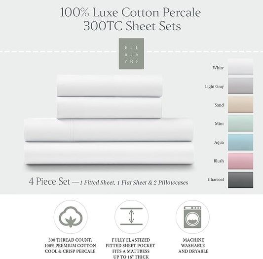 Ella Jayne Cotton Percale Sheets California King (4 Pieces) Permium 100% Cotton Percale TC300, Hotel Luxury Collection, Deep Pockets and Cooling California King Percale Sheets (White)