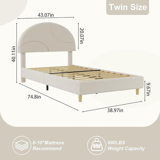 Garvee Twin Bed Frame with Upholstered Round Boucle Headboard, Arch-Shaped Design in Soft White, Modern Bed with Wooden Slats, No Box Spring Required and Easy Assembly