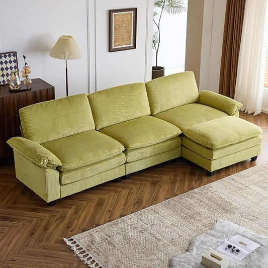 VINGLI 121" L Shape Sectional Couch, Convertible Sectional Couch for Living Room & Apartment,Modern 3-Seat Convertible Modular Sofa with 1 Ottoman,Corduroy,Olive Green