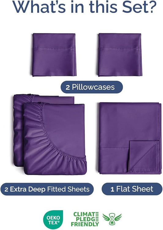Extra Deep Pocket Split King Sheets - 5 Piece Breathable & Cooling Bed Sheets - Hotel Luxury Bed Sheet Set - Soft, Wrinkle Free & Comfy - Easily Fits Extra Deep Mattresses - Deep Pocket Purple Sheets