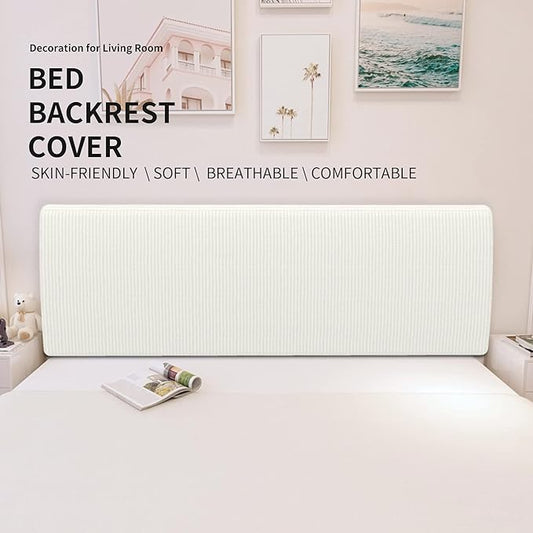 Easy-Going Stretch Bed Headboard Slipcover, Small Square Jacquard Furniture Cover, Dustproof Protector Cover for Bedroom Decor (Queen, Cream)