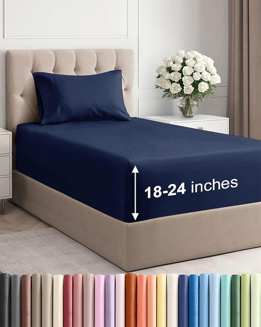Extra Deep Pocket Twin XL Sheets - 3 Piece Breathable & Cooling Bed Sheets - Hotel Luxury Bed Sheet Set - Soft, Wrinkle Free & Comfy - Easily Fits Extra Deep Mattresses - Deep Pocket Navy Blue Sheets