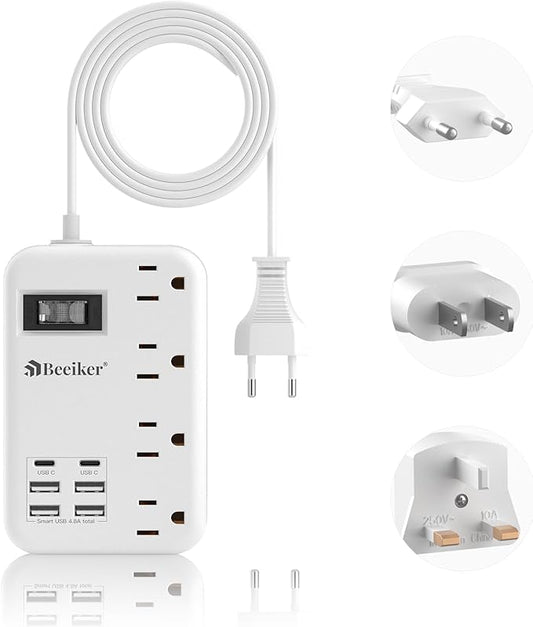European Travel Plug Adapter, US to Europe Travel Power Strip with 6 USB(2 USB C) 4 Outlets, International Universal Travel Power Adapter with 3ft Extension Cord for EU UK France Italy Germany Cruise