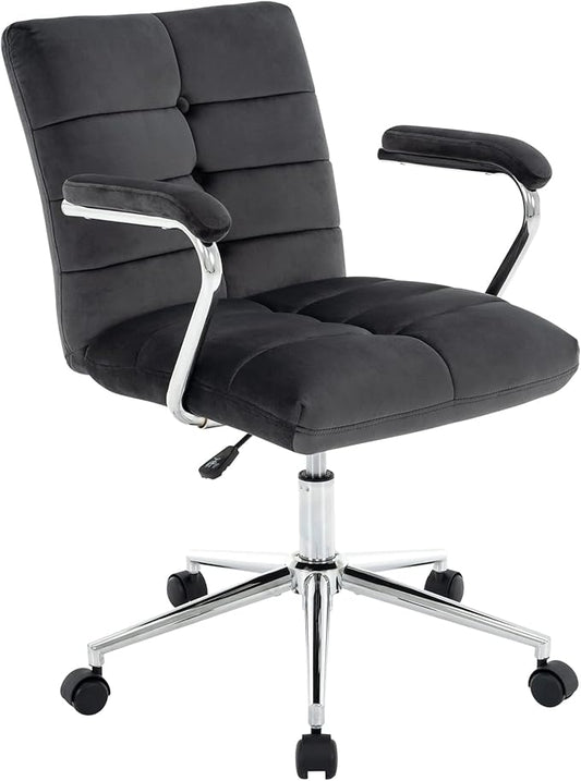 Velvet Home Office Desk Chair, Upholstered Adjustable Swivel Task Chair with Wheels, Tufted Mid-Back Computer Chair with Arms, for Study Living Room Vanity (Dark Grey)