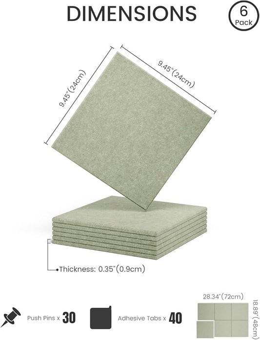 Felt Bulletin Board Tiles -28"x18" Cork Board Alternative for Office Decor, Push Pin Board Wall Organizer 6-Pack - Sage