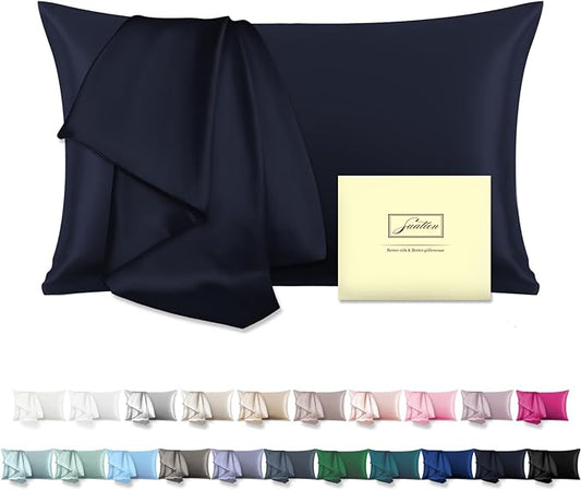 Natural Mulberry Silk Pillowcase for Hair and Skin Pillow Case with Hidden Zipper Soft Breathable Smooth Cooling Covers Sleeping(Navy Blue,Standard,1Pcs)