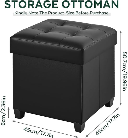 17.7" Ottoman with Storage, Square Storage Ottoman for Dorm, Faux Leather Ottomans with Legs for Living Room, Bedroom, Black