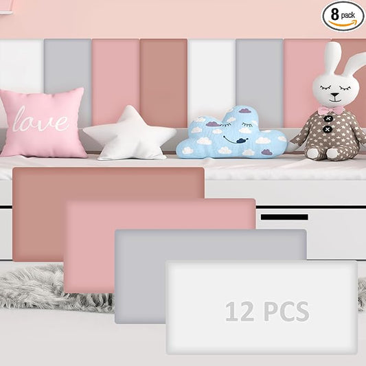 8 Pack Wall Padding for Playroom Peel and Stick Headboard 15.75" x 7.87" x 1.18" 3D Anti Collision Upholstered Wall Panels Self Adhesive Headboard Panels for Protection (Pink Colors)