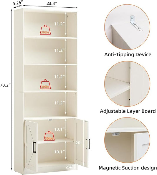 70in Tall Bookshelf 6 Tier Bookcase with Barn Doors and Adjustable Shelf, White Farmhouse Book Shelves with Storage Cabinet,Wood Floorstanding Display Bookshelve for Bedroom,Living Room,2 Piece