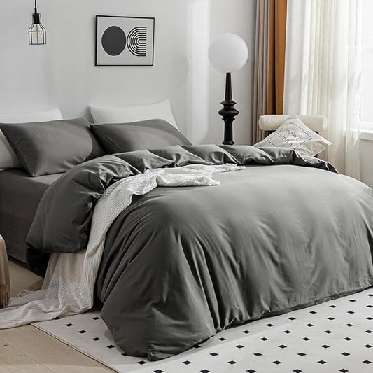 JELLYMONI Cotton Duvet Cover California King - 100% Washed Cotton Linen Like Textured Comforter Cover, 3 Pieces Soft Bedding Set with Zipper Closure (Gray, Cal King 104"x98")