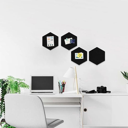 12" Large Bulletin Board with 15 Push Pins, Pack of 4 Hexagon Felt Pin Board Notice Boards for Home Office, Felt Wall Tiles for Photos Memos (Black)