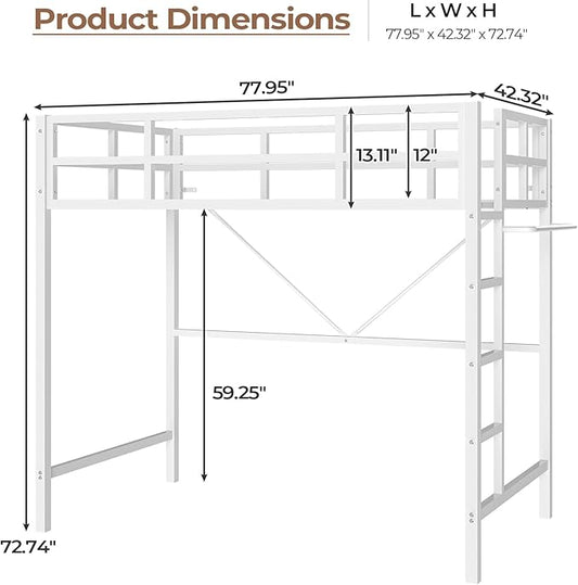 DICTAC Loft Bed Twin Size with Ladder and Guardrail,Metal Twin Loft Bed for Kid/Teen with Led Lights,Small Space Saving Furniture Design for Bedroom,Kid Room and Dorm,No Box Spring Needed, White