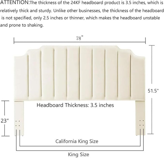 24KF Cream Velvet Tufted King Upholstered Headboard, Modern Vertical Channel Design California King Headboard with Stepped Silhouette Top Edge,Cream