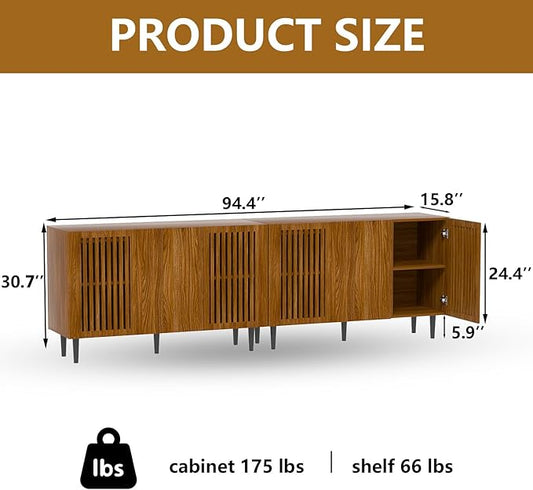 CHUWELL Farmhouse Storage Cabinet, 94.4" Buffet Cabinet with 6 DIY Doors and Adjustable Shelf, Sideboard Coffee Bar with Solid Wood Feet for Kitchen,Dining Room,Living Room,Brown