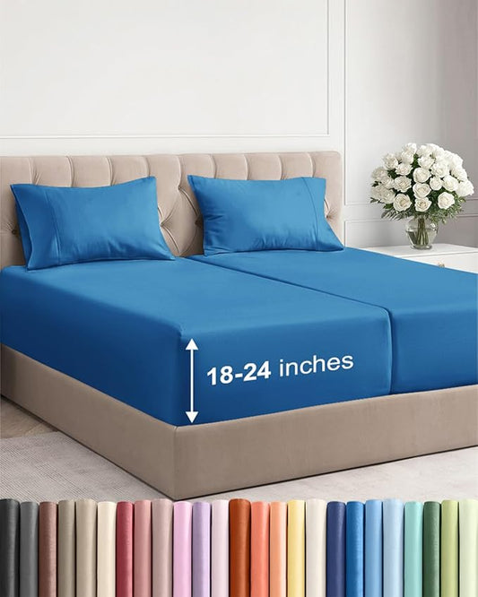 Extra Deep Pocket Split King Sheets - 5 Piece Breathable & Cooling Bed Sheets - Hotel Luxury Bed Sheet Set - Soft, Wrinkle Free & Comfy - Easily Fits Extra Deep Mattresses - Denim Blue Sheets Set