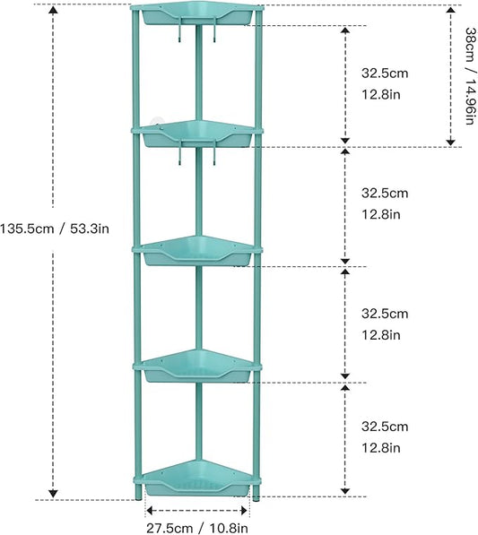 Orimade Rustproof 5 Tier Floor Standing Corner Shower Caddy Organizer, Plastic Metal Splicing Floor Corner Shelf Rack Stands for Bathroom, Blue