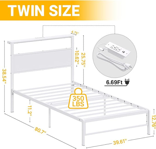 Weehom Twin Bed Frames with Headboard Shelf Storage, Wood Twin Bed Frame with Charging Station and LED Lights, No Box Spring Needed Twin Size Metal Bed Frame for Kids Students, White