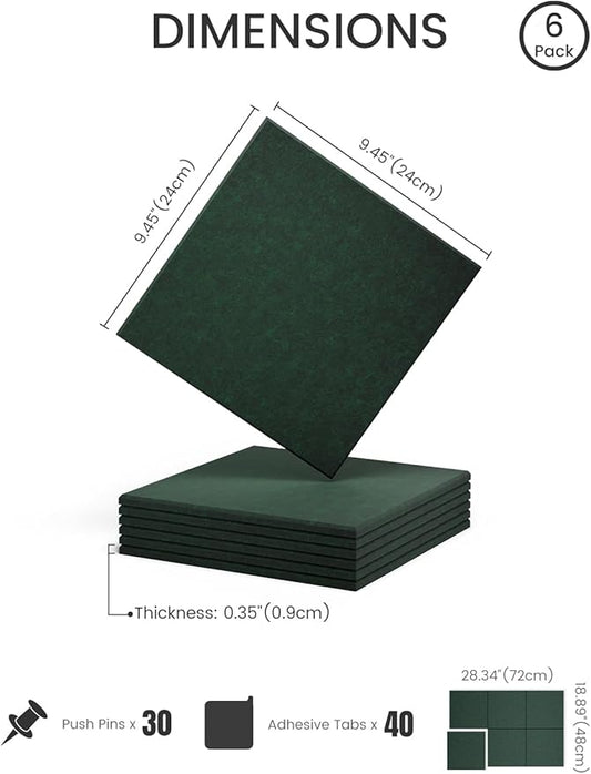 Felt Bulletin Board Tiles -28"x18" Cork Board Alternative for Office Decor, Push Pin Board Wall Organizer 6-Pack -Pine Green