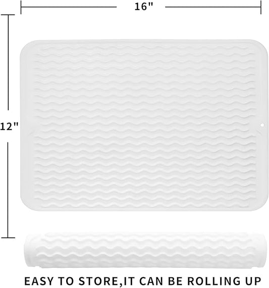 Silicone Dish Drying Mat for Multiple Usage,Easy clean,Eco-friendly,Heat-resistant Silicone Mat for Kitchen Counter or Sink,Refrigerator or drawer liner Translucent L 16 inches x 12 inches
