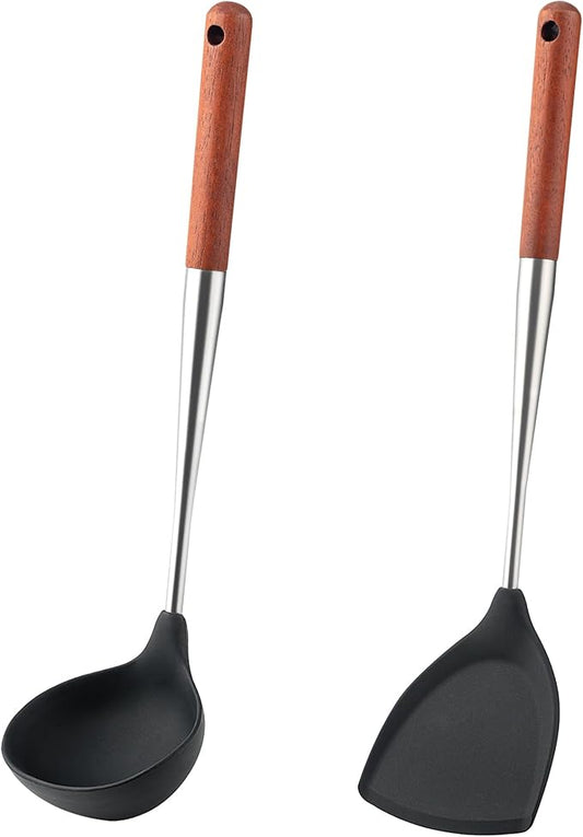 FJNATINH Silicone Spatula Ladle Set - BPA Free Stainless Steel Non Stick Heat-Resistant Kitchen Tools Cooking Utensils Cookware with Wooden Handle, 2 Pcs