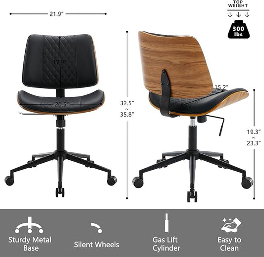 Home Office Chair No Arms with Wheels, Adjustable Height Small Desk Chair, PU Leather Mid Back 360 Swivel Computer Chair, Armless Modern Walnut Chair for Office, Reading Meeting Room(Black)