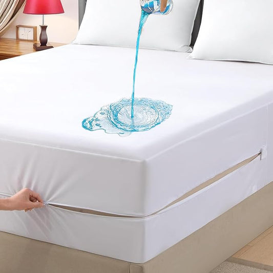 King Waterproof Zippered Mattress Encasement, Breathable, Noiseless, Machine-Washable Zipped Mattress Cover, Fitting 7" - 15" Deep Mattress