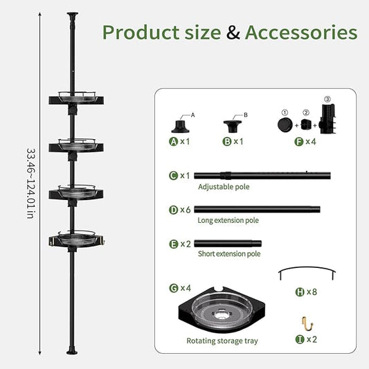 Corner Shower Caddy Tension Pole, 4 Tiers Rotating Shower Organizer for Bathroom Shelf Bathtub, Adjustable Standing Shower Rack Bathroom Accessories, Easily Assemble, 34-124 Inch Height,Black