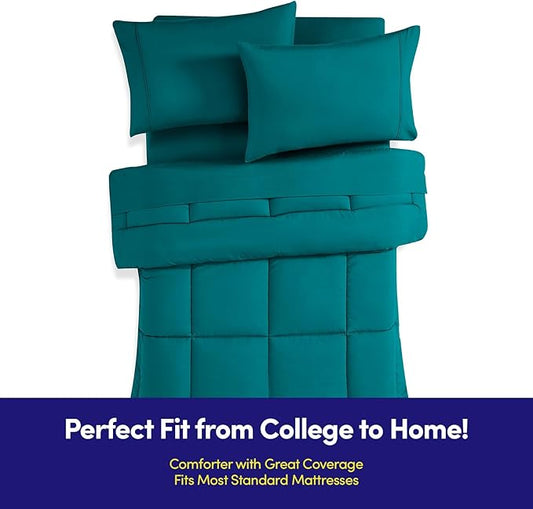 Dorm Room Essentials College Bedding Comforter Set 5 Piece Twin Size Bed in a Bag for College Students Boys and Girls, Twin, Teal