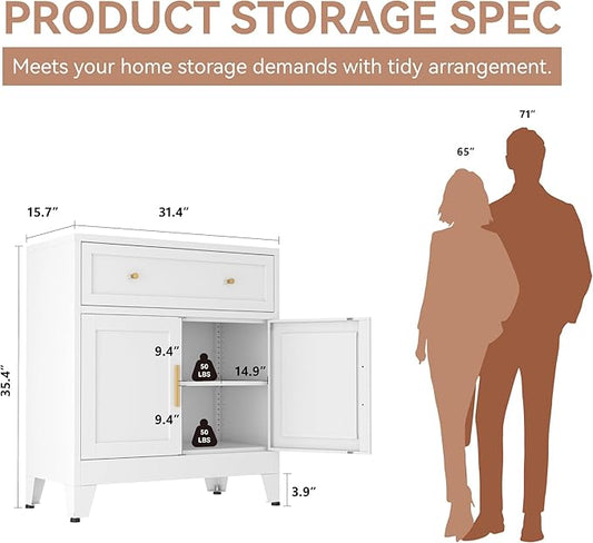 Metal Sideboard Cabinet, Small Pantry Sideboard Cabinets with 2 Doors and Adjustable Shelves, White Metal Buffet Cabinet for Kitchen Dining Room Living Room, Entryway, Bathroom,Office
