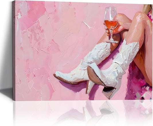 Cowgirl Boots Wall Art Coastal Cowgirl Wall Decor Aesthetic Cowboy Boots with Wine Glass Picture Pink Cowgirl Western Aesthetic Decor Trendy Preppy Girls Room Decor for Bedroom Dorm Framed 16 X 24 in