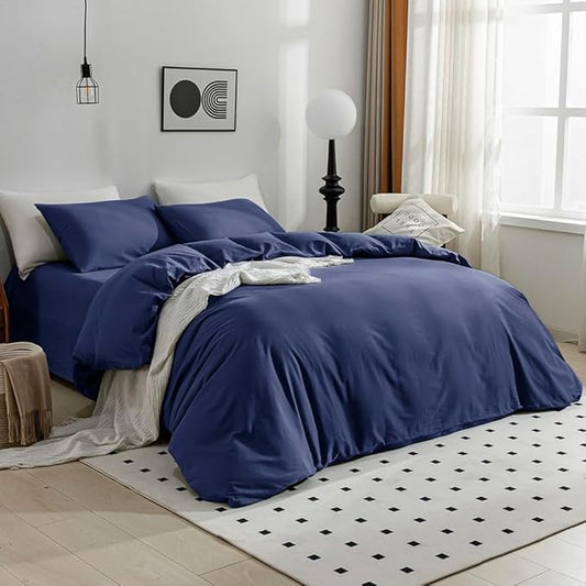 JELLYMONI Cotton Duvet Cover California King - 100% Washed Cotton Linen Feel Textured Comforter Cover, 3 Pieces Soft Bedding Set with Zipper Closure (Navy Blue, Cal King 104"x98")