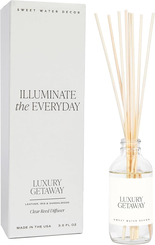 Sweet Water Decor Luxury Getaway Reed Diffuser Set - Room Diffuser with Leather, Amber & Musk Scent - Reed Diffuser for Bathroom Lasts for 4 Months - Home Diffuser with Premium Fragrance Oils