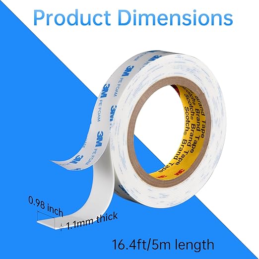 Double Sided Foam Tape 1 inch x16.5Ft | 3M PE Strong Adhesive Tape | Vibration Resistant | for Indoor/Outdoor Paint Wall Mounting Picture Hanging Poster | Damage-Free Heavy-Duty (1in/25mm x16.5Ft)