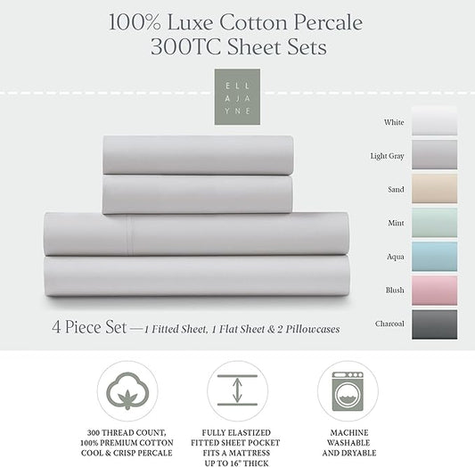 Ella Jayne Cotton Percale Sheets California King (4 Pieces) Permium 100% Cotton Percale TC300, Hotel Luxury Collection, Deep Pockets and Cooling California King Percale Sheets (Light Grey)