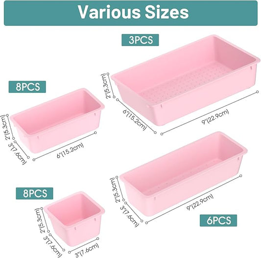 WOWBOX 25 PCS Plastic Drawer Organizer Set, 4 Sizes Desk Drawer Divider Organizers and Storage Bins for Makeup, Jewelry, Gadgets for Kitchen, Bedroom, Bathroom, Office, Pink