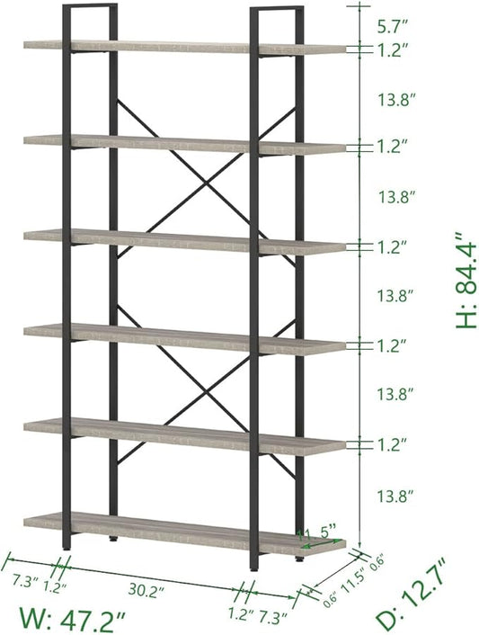 HSH 6 Tier Tall Bookshelf, Metal Wood Vertical Display Book Shelf, Industrial 6 Shelf Bookcases and Book Shelves Storage Rack, Large Open Book Case for Bedroom Living Room Office, Light Grey Oak