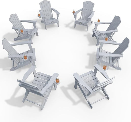 Adirondack Chair Set of 8, Folding All-Weather Outdoor HDPE Patio Chair with Cup Holder, White
