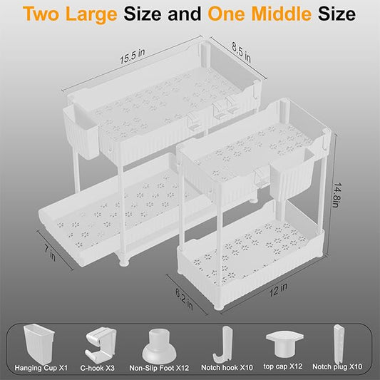 3 Pack Under Sink Organizers, 2-Tier Multi-Use Kitchen and Bathroom Organizers and Storage with Sliding Drawers,Bathroom Cabinet Organizer (White, 14.8 Inch)