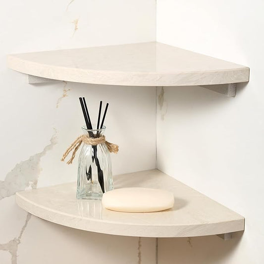 Koville Italian Natural Marble Corner Shelf, 2 Pcs Wall Mounted Marble Bathroom Corner Shelves Organizers, Polished Stone Corner Shower Caddy, No Drilling Adhesive Shower Caddies - Khaki Rose