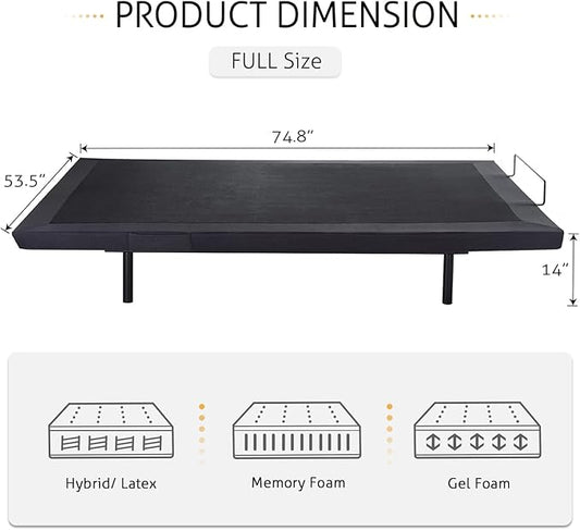 SHA CERLIN Electric Adjustable Bed Base, Ergonomic Upholstered Full Size Bed Frame with Upgraded Motors and Wireless Remote Control, Independent Head and Foot Incline, Assembly Required