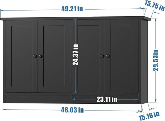 Black Buffet Storage Cabinet with 4 Door, 49" W Coffee Bar Cabinet, Kitchen Buffet Sideboard for Living Room, Kitchen