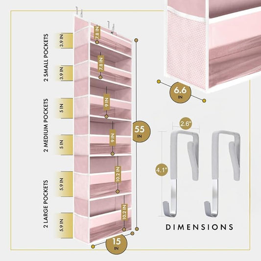 HOMELUX THEORY UPGRADED Over The Door Organizer Hanging - 100D EXTRA THICK & 50lbs HUGE CAPACITY 6 Large Front & 12 Side Pockets, Over The Door Shoe Organizer, Hanging Closet Organizer (Baby Pink 2pc)
