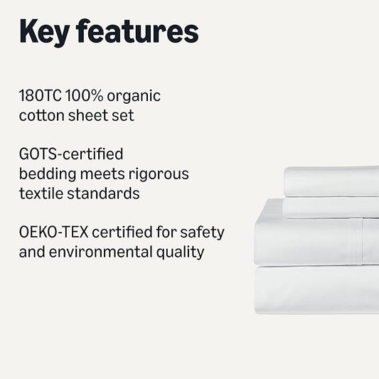 Amazon Basics Organic Cotton Sheet Set with 2-Pieces Pillowcase, White, Full