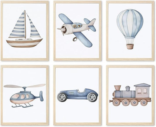Nursery Car Wall Art Set of 6, Baby Boys Poster Canvas Prints, Blue Kids Car Train Plane Boat Hot Air Balloon Wall Decor Toddler Vehicle Painting Watercolor Artwork Picture 12x16 inch Unframed
