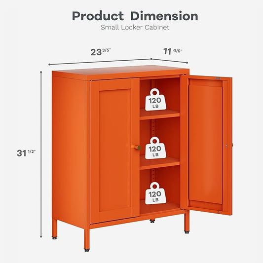 31.5"H Orange Metal Cabinet,Small Bathroom Storage Cabinet,Bathroom Floor Storage Cabinets,Small sideboard with 2 Adjustable Shelves & 2 Doors,Metal Kitchen Storage Cabinet for Hallway,Home Office