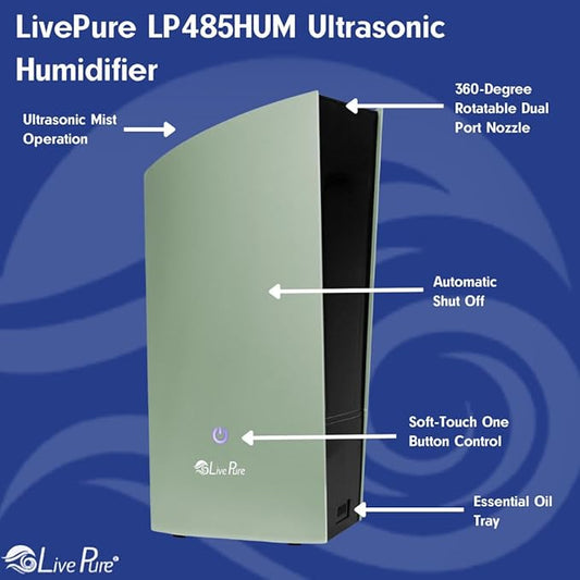 LP485HUM LivePure Ultrasonic Humidifier (8.5 x 6.5 x 14.5 in) - Long Lasting Mist Performance, Quiet Operation, Compact Humidifier for Home, Bedroom, Nursery, Office, and Dorms – White