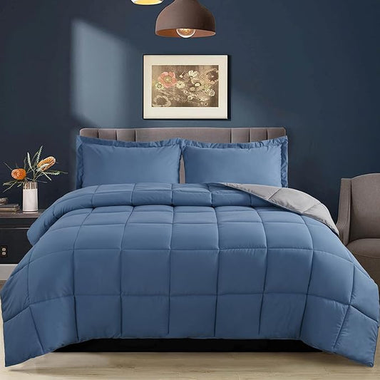 HIG 3pc Dusty Blue Queen Size Comforter Set - All Season Reversible Down Alternative Comforter with Sham - Quilted Duvet Insert with Corner Tabs - Box Stitched Blanket - Breathable, Soft, Fluffy