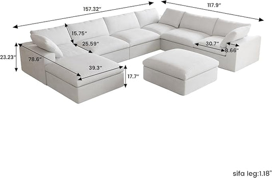 Cloud Couch Modular Sectional Sofa,Oversized 8 Seater Sofa,160.6" U Shaped Convertible Couches with Storage Ottoman Living Room Funiture, Deep Wide Seater,Covers Washable&Replaceable(White)