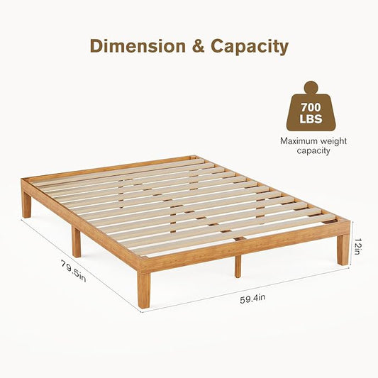 Sweetcrispy Solid Wood Bed Frame, Queen Size Bed Base with Wood Slat Support, Sturdy, Stylish & Noise-Free Design, No Box Spring Needed, Easy Assembly, 12 in Natural Pine